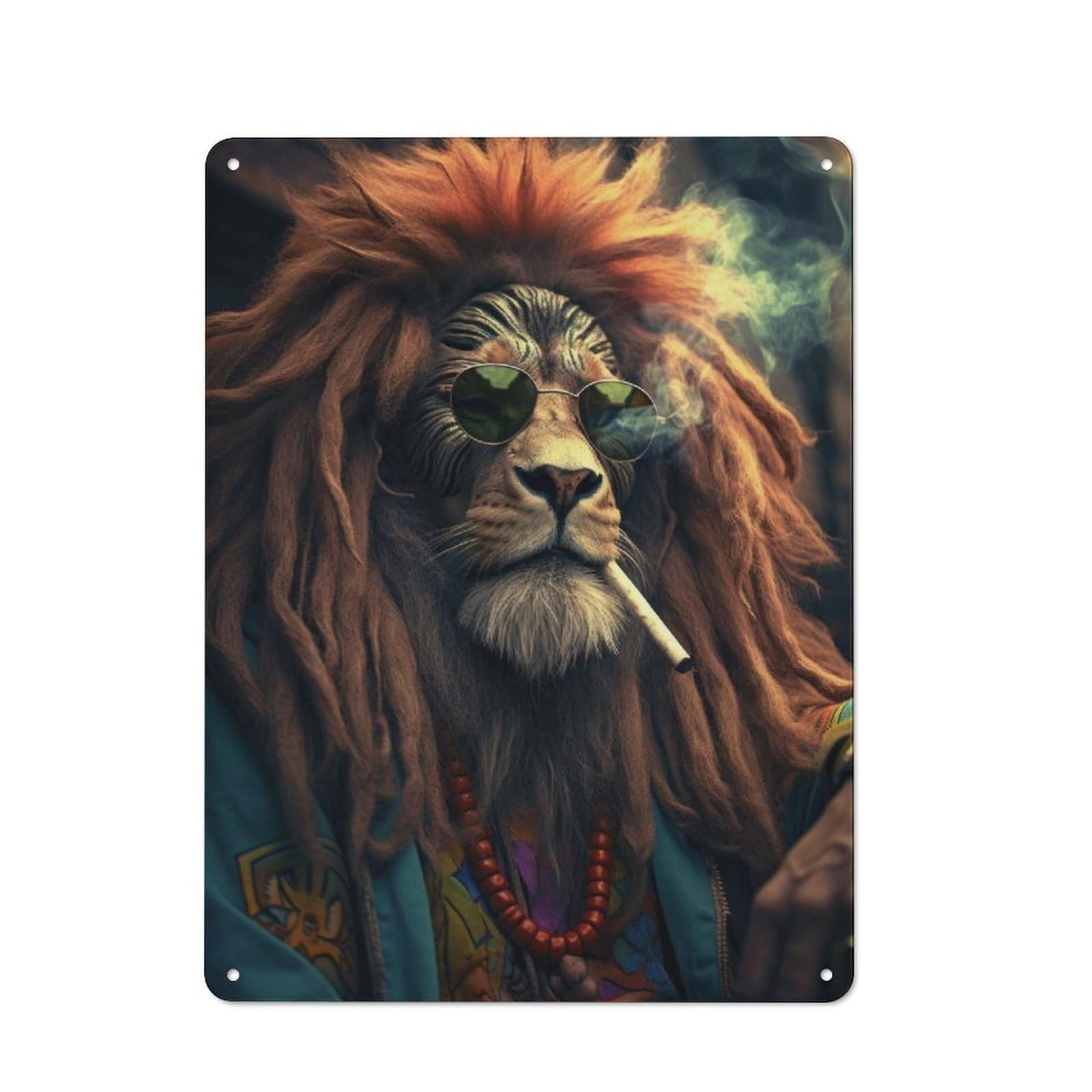 Junmoney Hippie Lion Smoking Printed Metal Sign 40X30cm For Home Bar Wall, With Clear Vintage Wall Decor Character