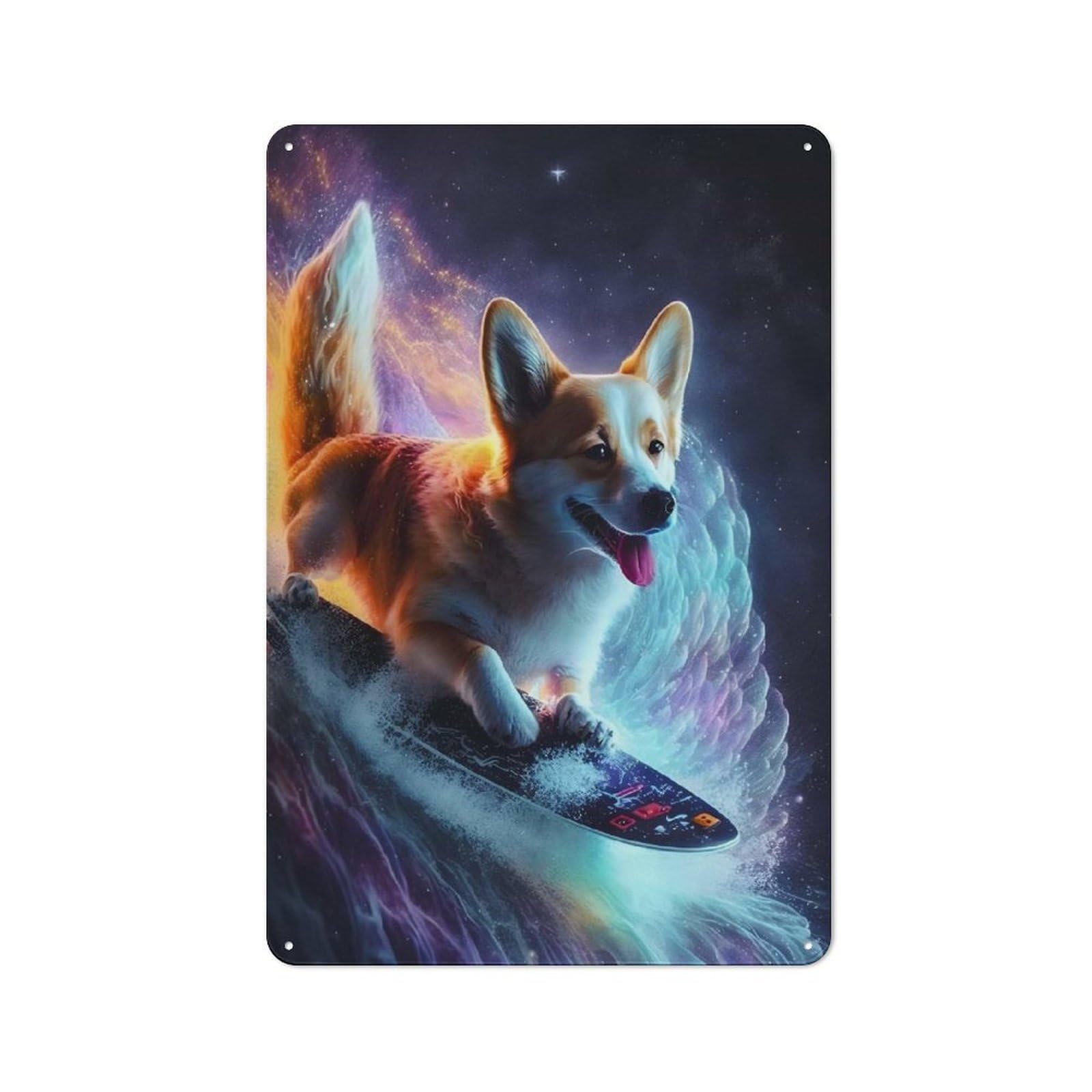 Junmoney Amazing Dog Surfing Cosmic Printed Metal Sign 30X20cm For Guest Room Or Hallway, Suited To Home Decor Collectors