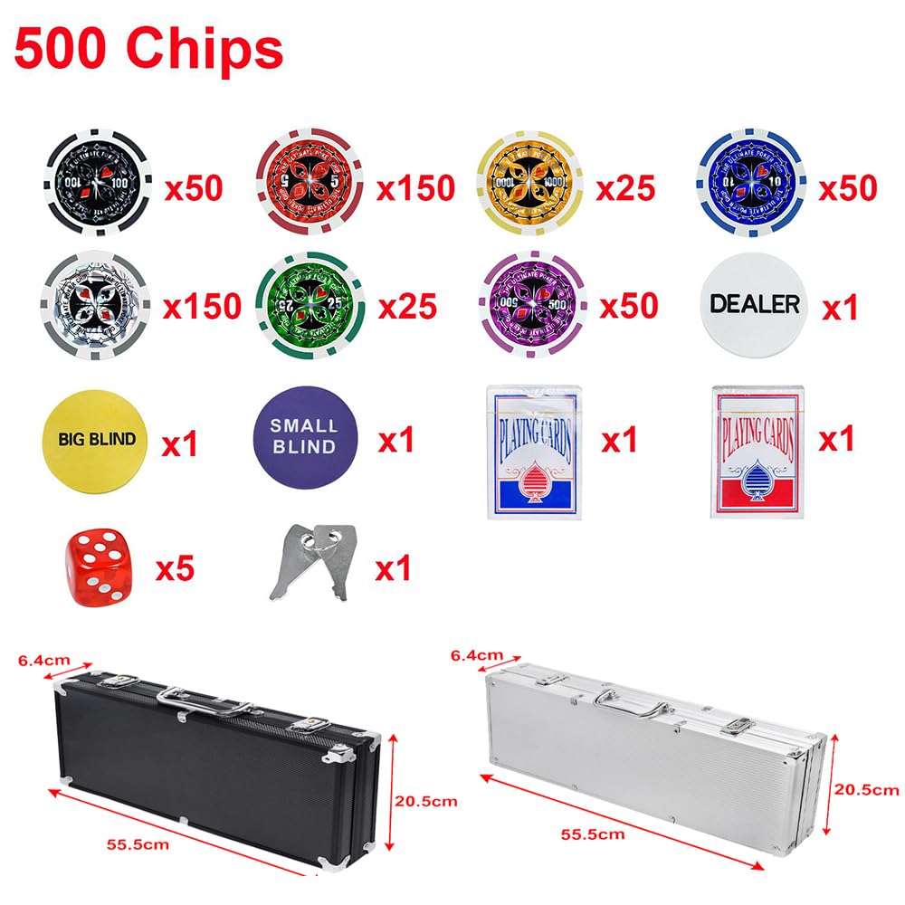 Pokerkoffer Pokerset mit 500 Laser Pokerchips mit Aluminium Gehäuse, 2X Pokerdecks, 5X Würfel, 3X Dealer Button Pokerkoffer Komplett Set (Schwarz)