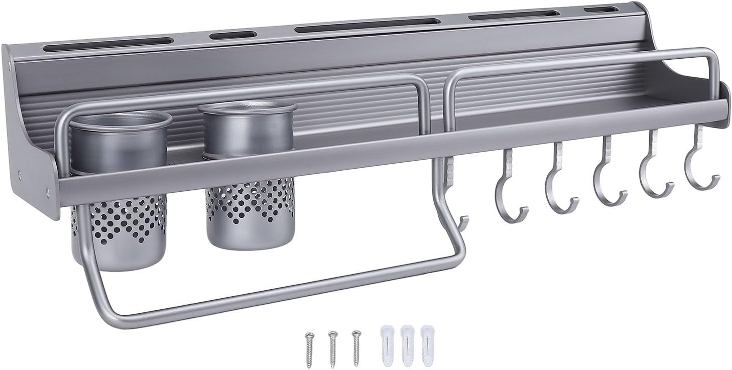 plplaaoo Kitchen Wall Mount Utensil Rack Aluminum Alloy Storage Shelf Wall Hanging Organizer with Dual Chopsticks Baskets for Kitchen Space Saving Modern Gray Finish 600x110x130mm