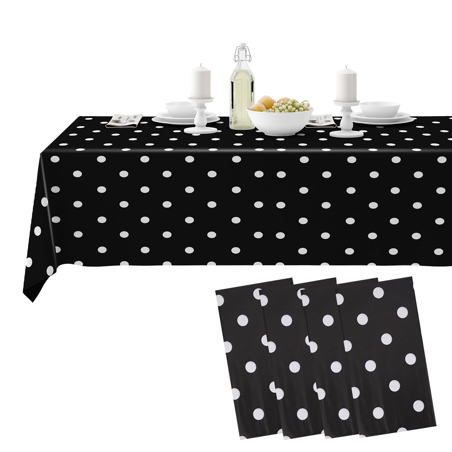 54"X 108" Polka Dots Disposable Plastic Table Cover - Waterproof, Spill-Proof, Rectangular Table Protector for Birthdays, Baby Showers, Outdoor Dinners, Picnics, Black - Pack of 4