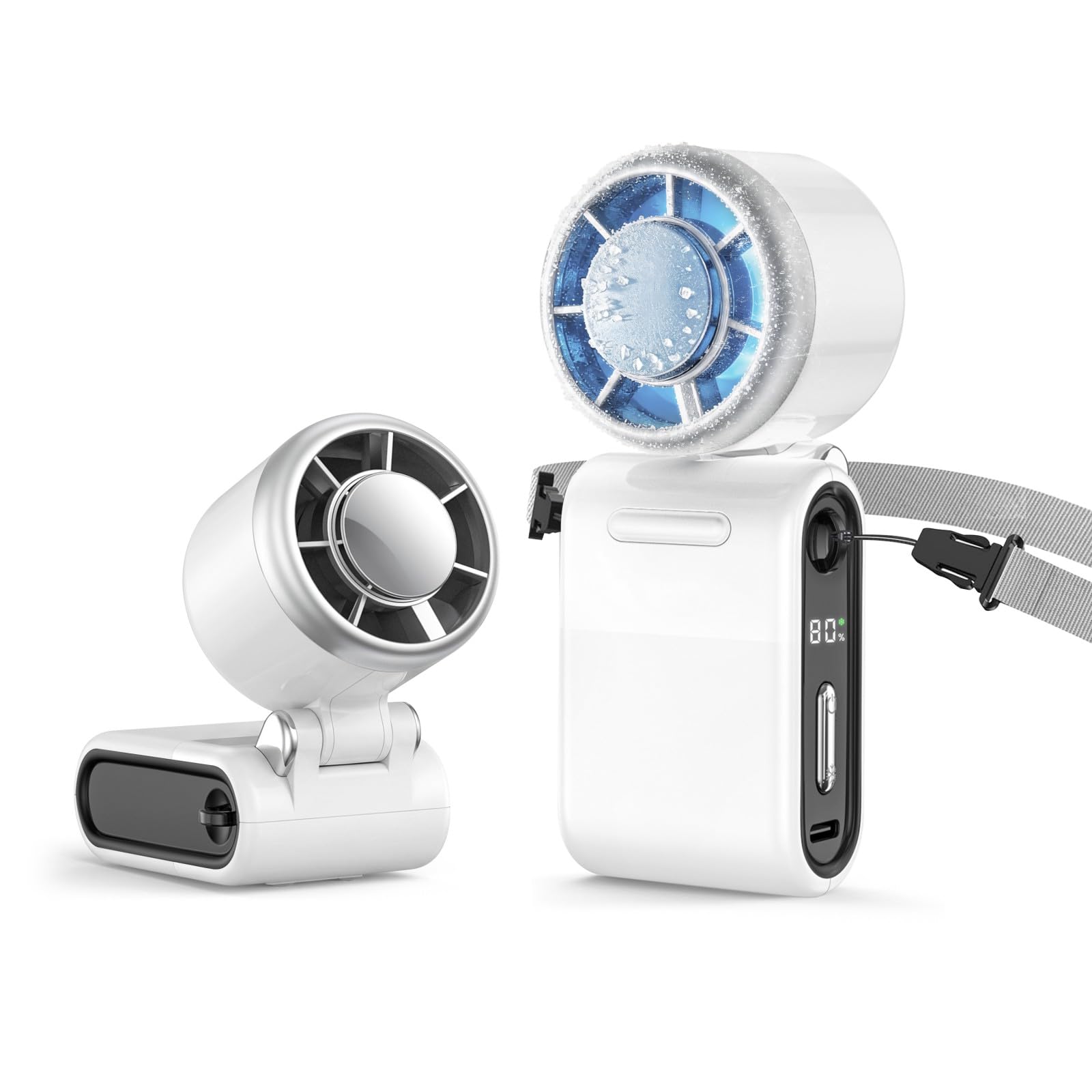 MERTTURM Wentylator Przenośny z Funkcją Chłodzenia Lodem 16℃, 100 Poziomów Prędkości, Silny Podmuch 9,9 m/s, Mini Wentylator USB 3 w 1 (Ręczny, na Szyję, na Stolik) do Podróży, Kempingu, Biały
