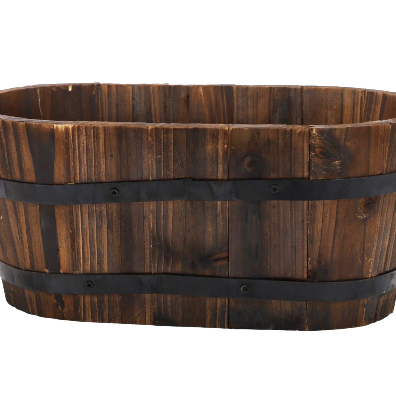Fyne-Finds Natural Oval Wooden Container Planter 32Cm, 12Inch Burnt Wood Garden Pot With Handles Home Garden Decor
