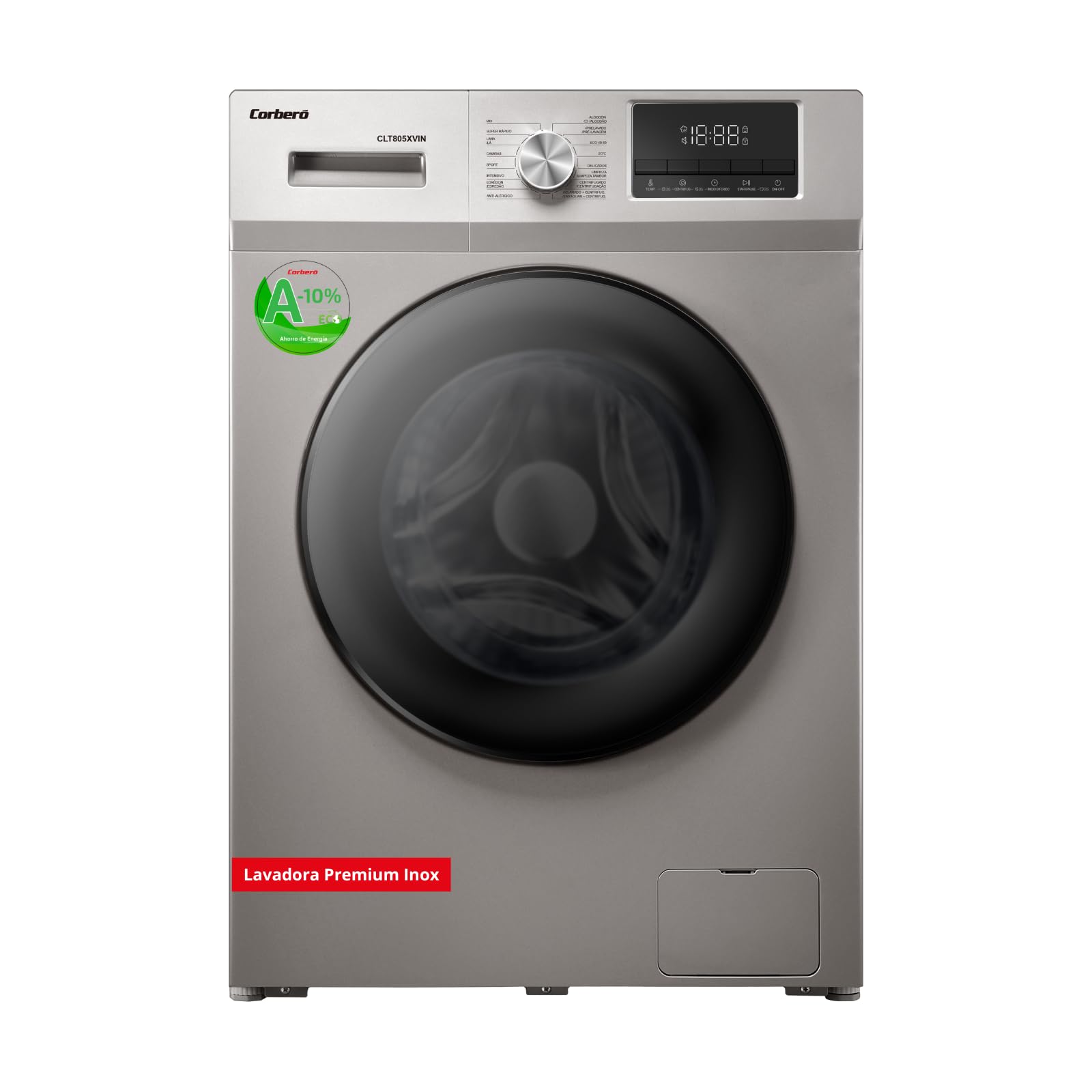 Corberó - Front Load Washing Machine | CLT805XVIN | 8 kg | 1400 Rpm Inverter | 16 Programs | Anti-Allergy Steam | Deferred Start | Quick Wash | XXL Door | Inox Energy Label