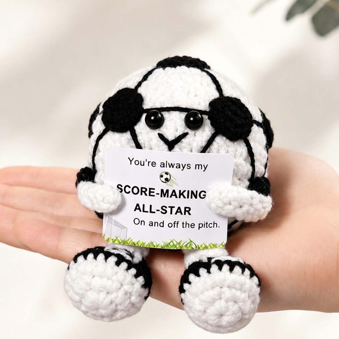 QINJIEJIE Football Gifts Positive Crochet, Cute Knitted Ball Knitted Football with Encourgement Card Inspiring Soccer Plush Gifts for Boys Girls Sports Lovers Gift