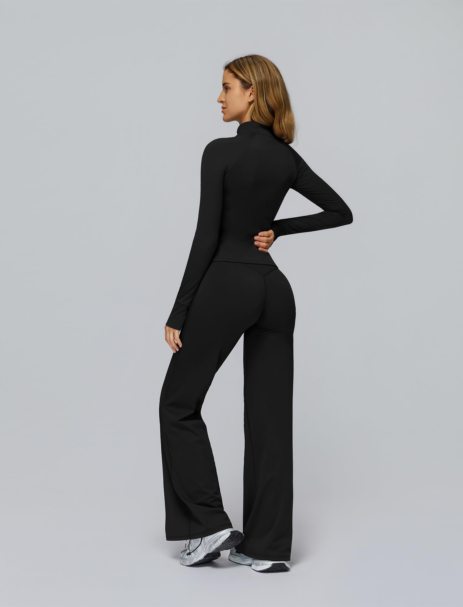 IDOPIP Sport-Set Damen Zweiteiler: Kompression Gym Set Laufjacke mit Daumenschlaufen und Reißverschluss - Sportanzug für Sport Fitness Yoga Pilates Workout