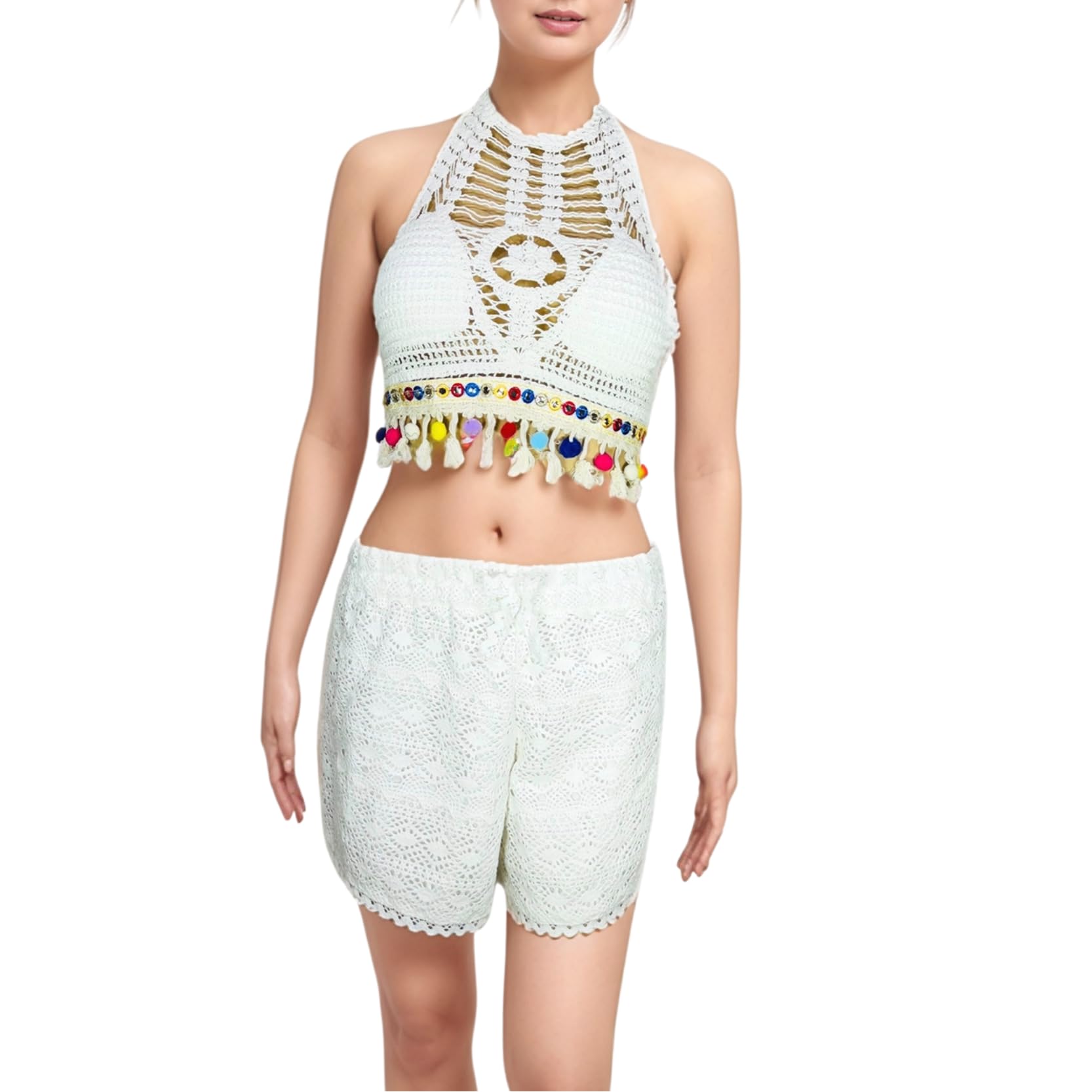 Women's Boho Crochet 2-Piece Beach Set - Halter Neck Crop Top & Shorts Cover Up | Handmade Hollow Out Knit with Colorful Tassels | Summer Festival & Swimwear Outfit-image-31