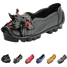 MOYOWEI Womens Leather Handmade Flower Slip On Loafers | Vintage Comfy Soft Non-slip Muffin Platform Walking Casual Dress Pumps
