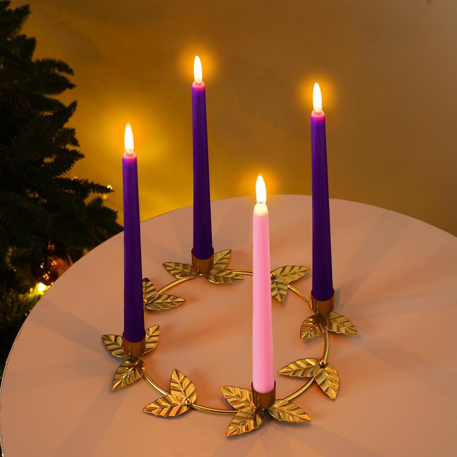 Christmas Advent Wreath Candle Holder with 4 Candles Set, Advent Wreath Ring, Metal Ring Candle Stand Purple & Pink 10 x 7/8'' Taper Candles for Christmas Home Church Table Centerpiece Decor(Gold)