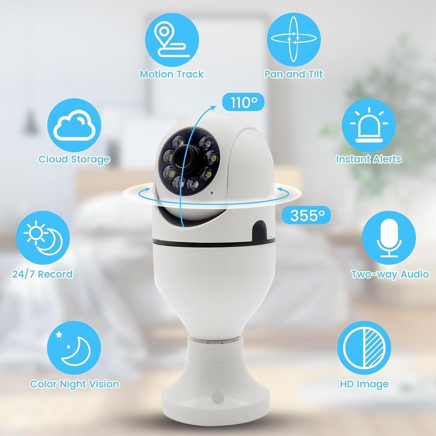 JB Supar 3MP Full HD Smart Wi-Fi CCTV Home Security Camera 360° with Pan Tilt Bulb Camera View & Talk 128GB SD Card Support (Not Included) Perfect for Home Office Monitoring (Light Camera)