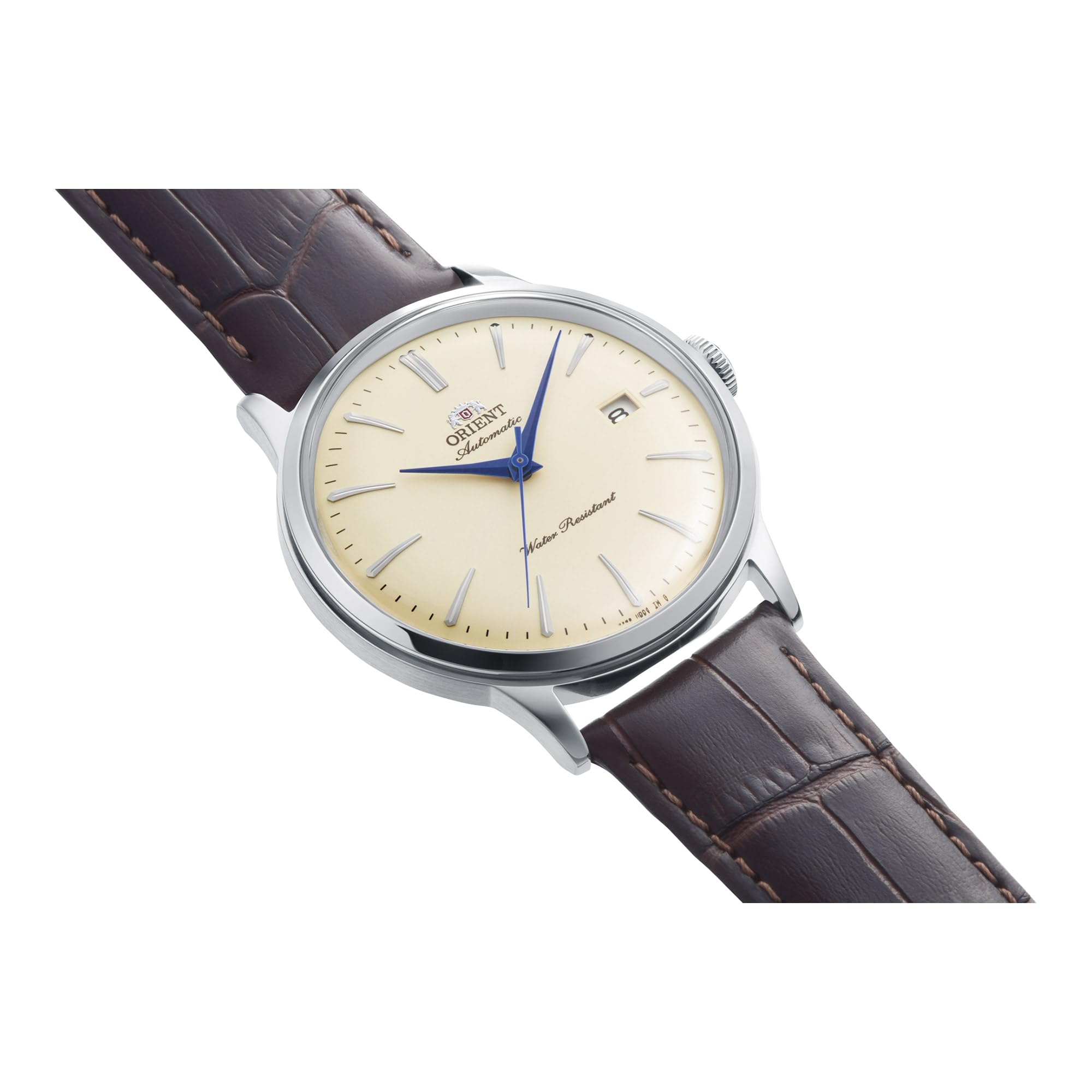 Orient Bambino RA-AC0033Y30B 40,5 mm automatyczny mechaniczny męski zegarek do sukienki - tarcza w kolorze kości słoniowej, koperta ze stali nierdzewnej, brązowy skórzany pasek, wypukły kryształ