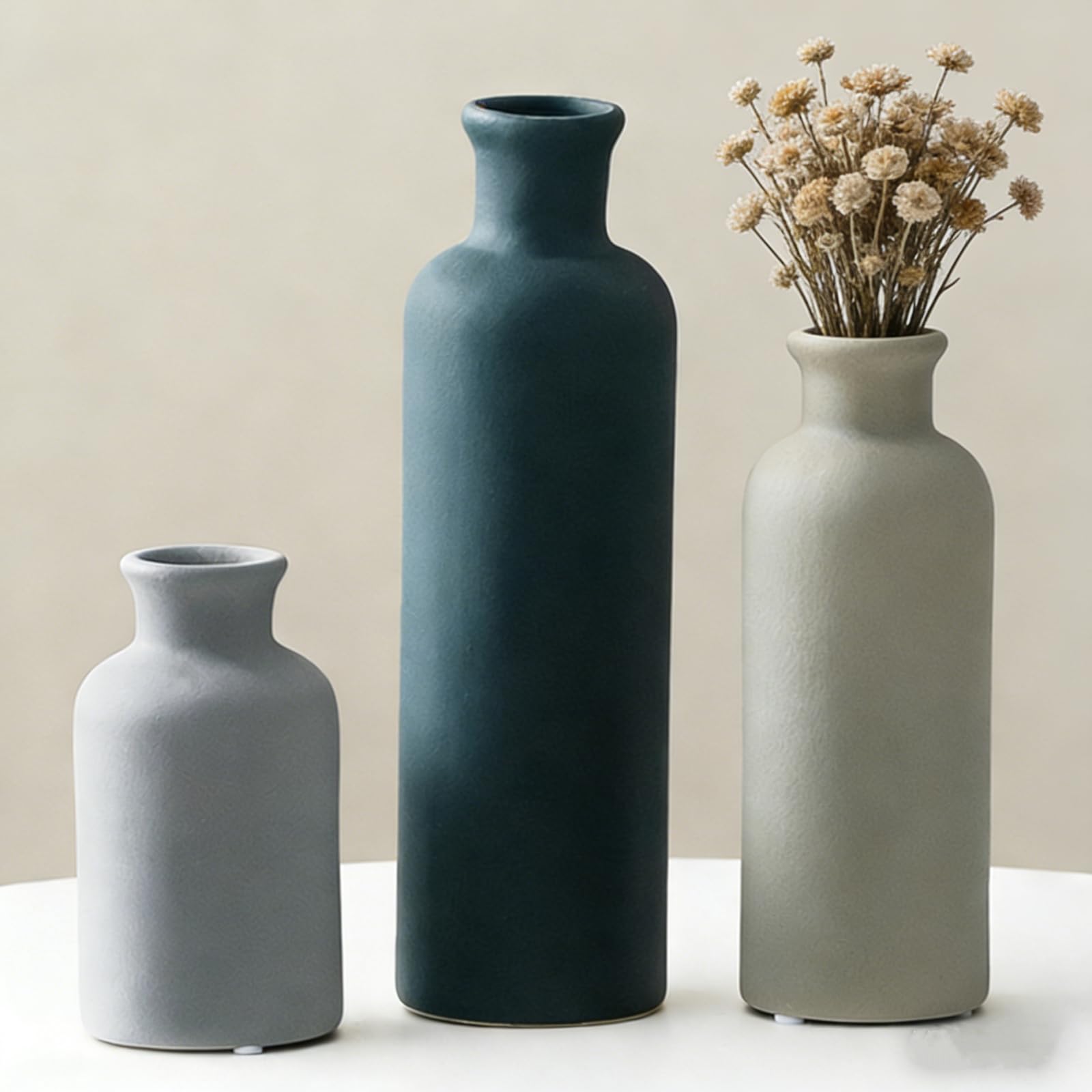 Ceramic Vase Set of 3, Modern Bohemian Farmhouse Home Decor,Modern Farmhouse Decor, for Living Room, Table, Shelf, Entryway. (Multi Grey)