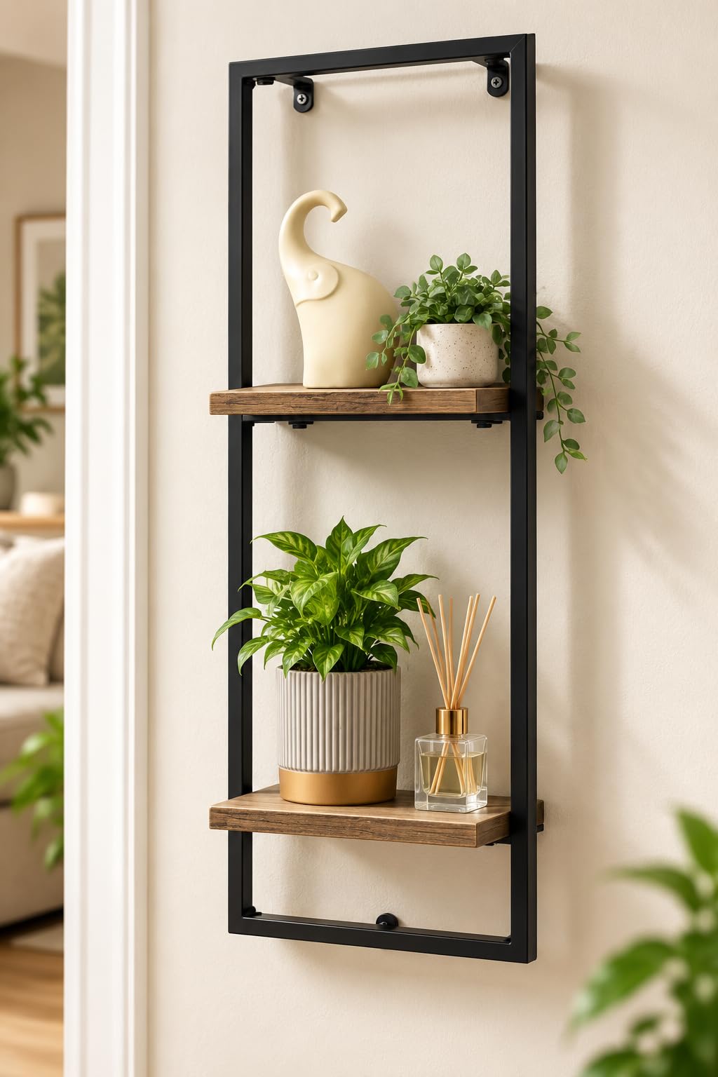 spot on dealz Floating Shelves 2 Tier, Wall Mounted Wooden Display Shelf with Black Metal Frame, Narrow Wall Shelving for Living Room, Bedroom, Hallway & Home Office, 25 x 20 x 75cm