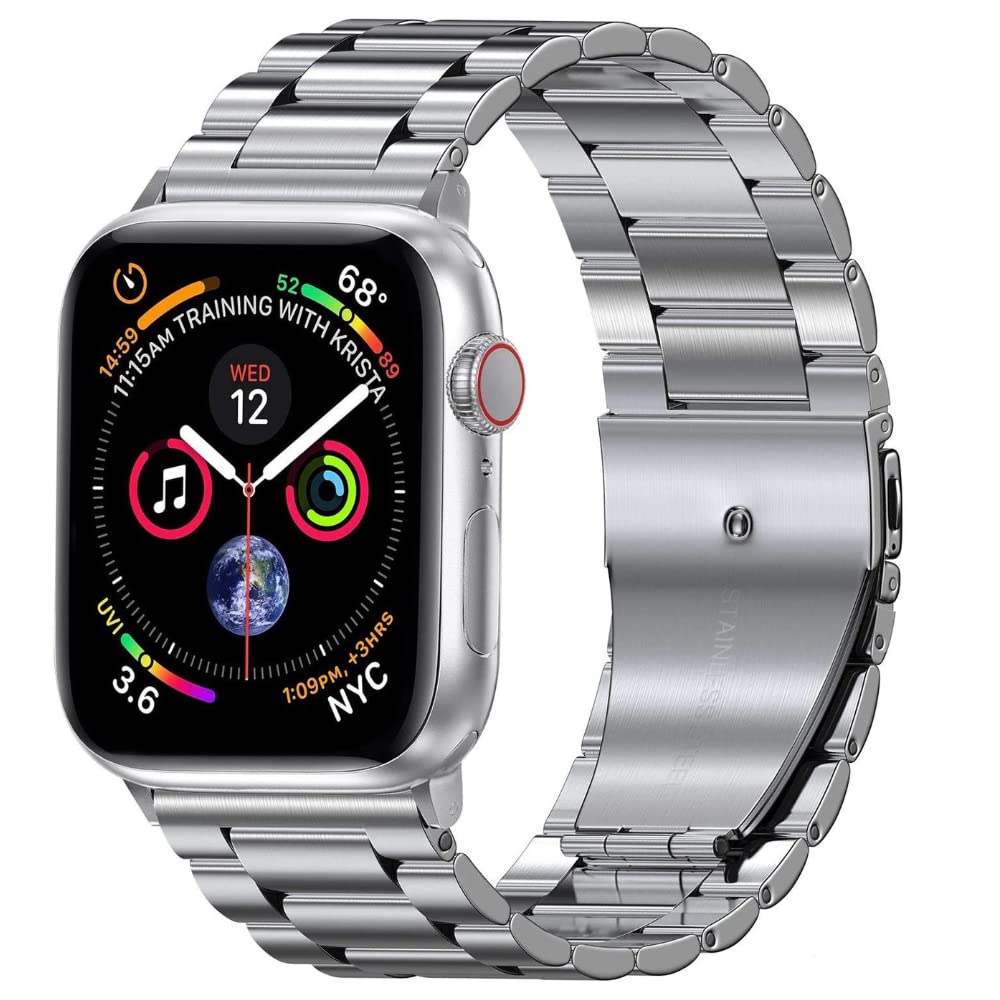 Casecandy® - Stainless Steel Metal Strap Band Compatible with Apple Watch Series 9/8/7 (45mm) | Series 6/5/4/SE (44mm) | Ultra 49mm | Series 3/2/1 (42mm) – Apple Watch Metal Band (Silver)
