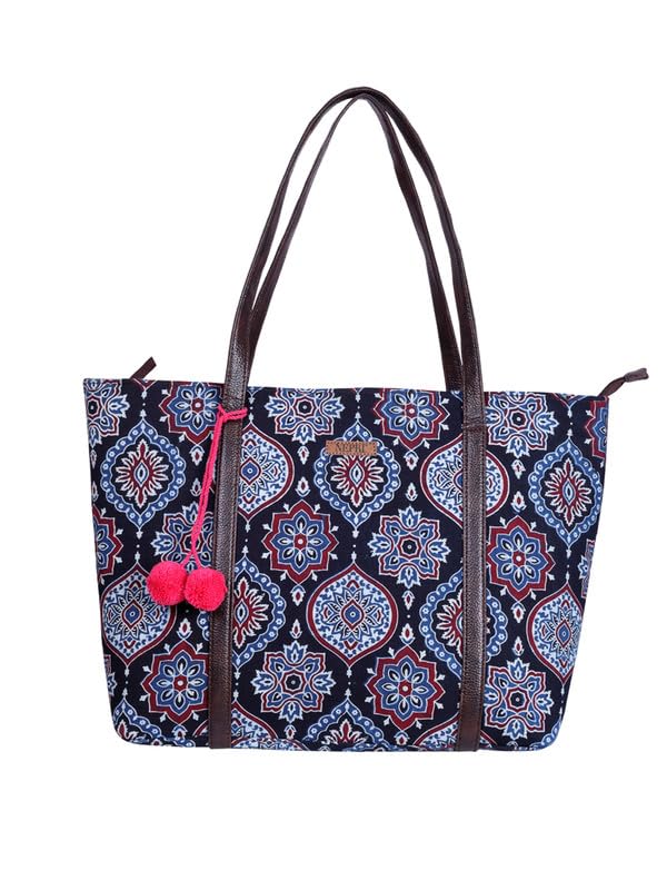 Image of NEPRI Oversized Office Tote Bag | Stylish Tote Bags | Purse for Women | Vegan Leather & Hanblock Printed Fabric Handbag with Double Handle Shoulder Strap| Daily & Travel Use