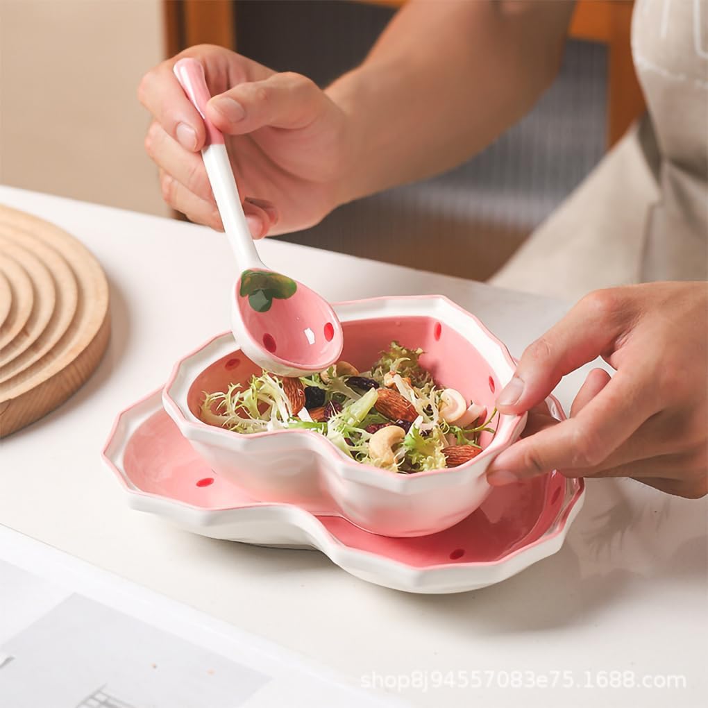 WAIT FLY Heart Shape Ceramic Dinnerware Set, Cute Strawberry Tableware Set, Dessert Plate, Salad Bowl, Appetizer Snack Mixing Bowl with Spoon - Pink Set