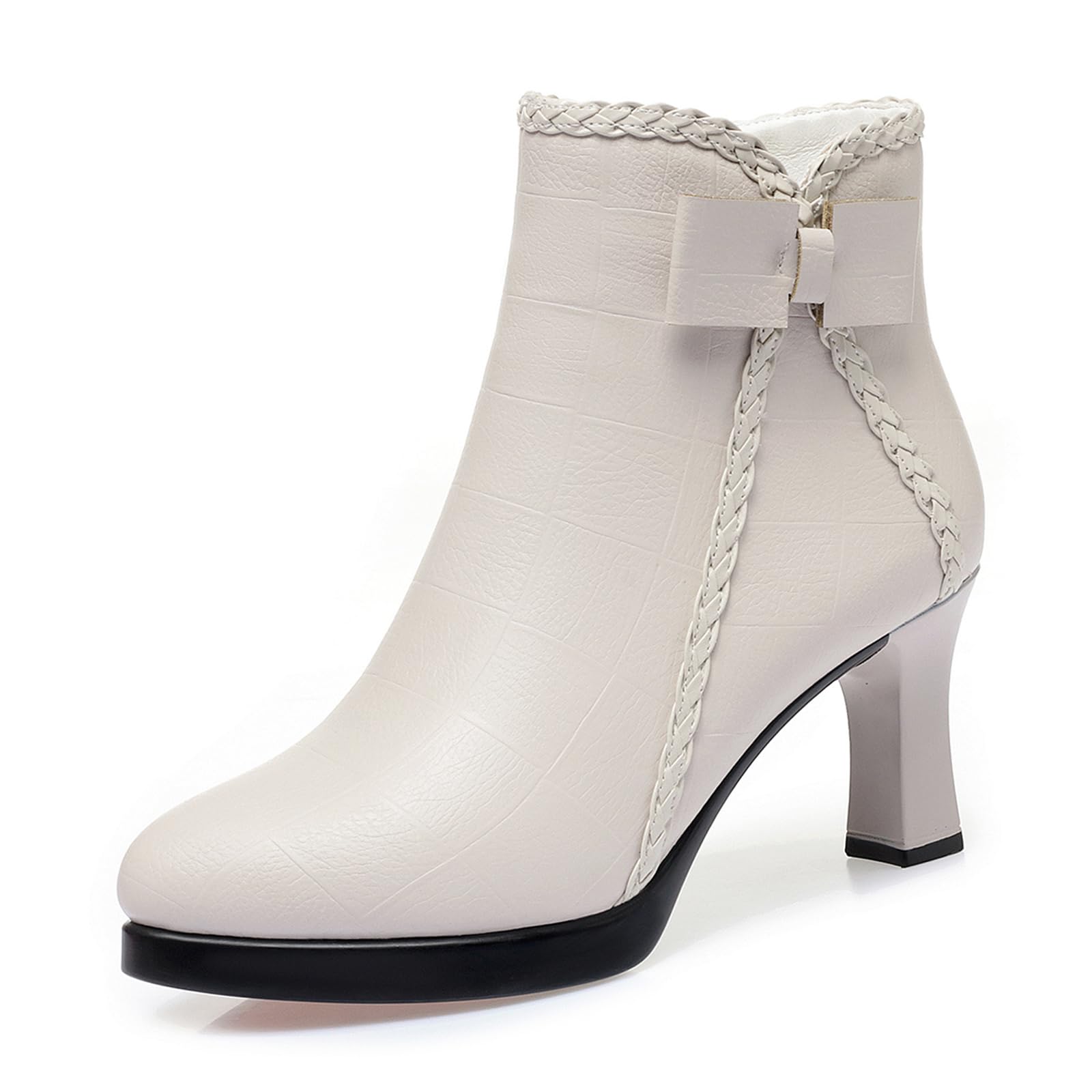 Lossarye Womens Pointed Toe High Heel Ankle Boots Side Zip Comfortable Fur Lined Autumn Winter Kitten Heel Dress