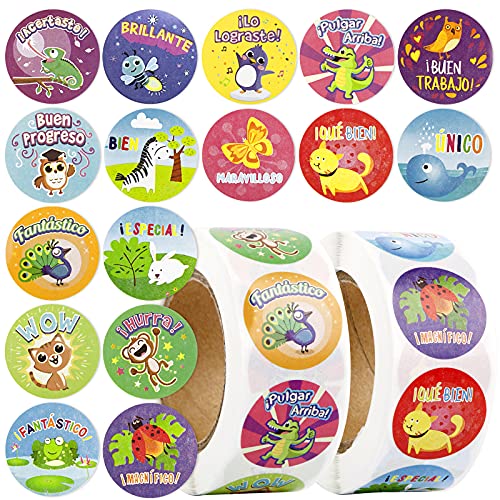1000pcs 2.5cm Pegatinas de Recompensa Español Papel Etiquetas Adhesivas Redondas para Profesor...