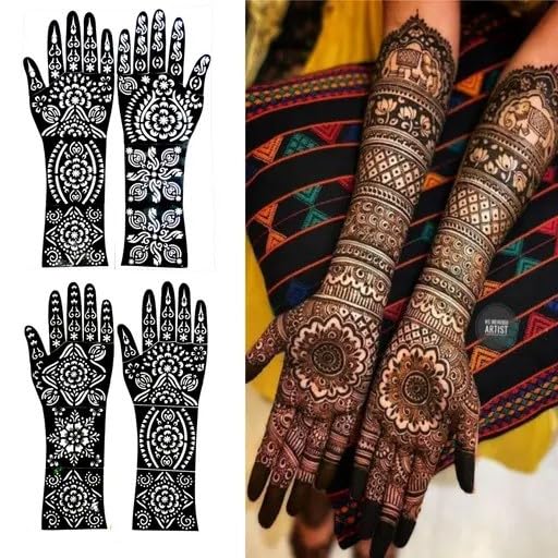 Fashion Fitoor Mehndi Stencil Stickers for Hands (Pack of 4) | Bridal Henna Mehandi Tattoo Stencils | Easy Heena Stickers for Girls & Women | Wedding, Festivals & Functions