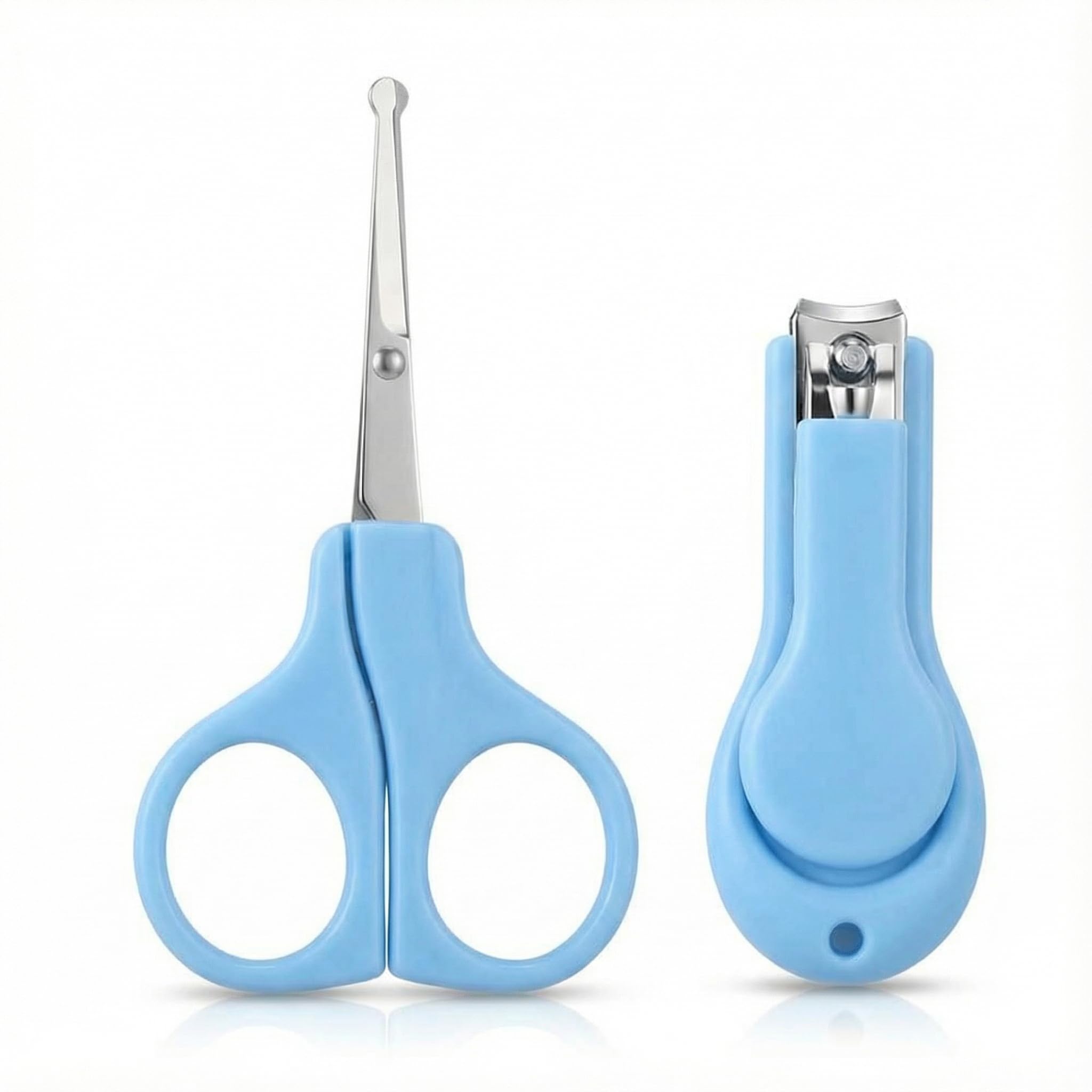 Trim Cutter Nail Clipper and Safety Scissor Set Sky Blue Anti-Pinch Design 2 Pieces for Fingernail Care Curved