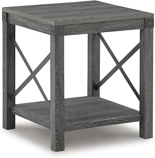 Signature Design by Ashley Freedan Rustic Square Farmhouse End Table, Wood, Metal Crossbuck Accents, Lower Display Shelf, 22.63" High, Gray