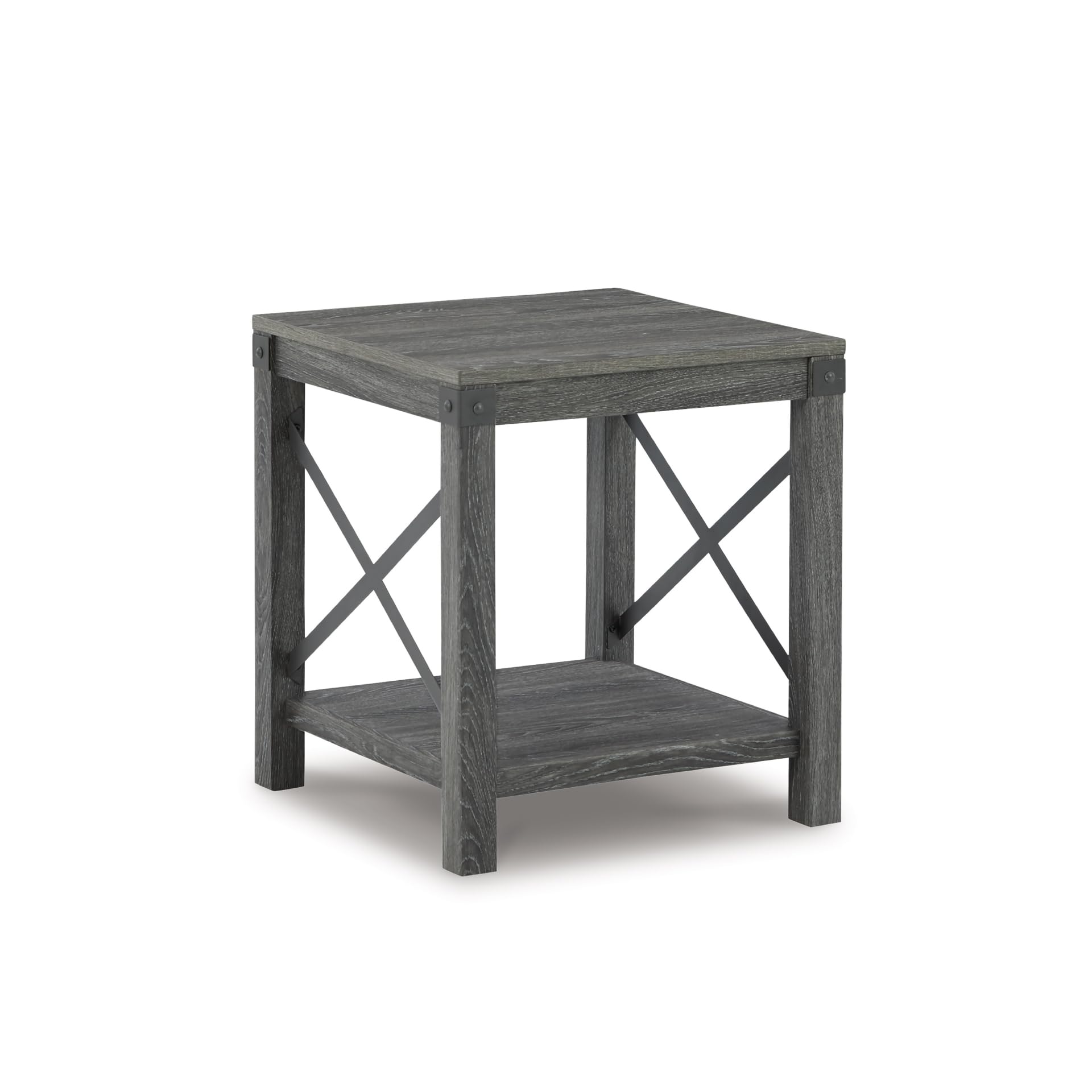 Signature Design by Ashley Freedan Rustic Square Farmhouse End Table, Wood, Metal Crossbuck Accents, Lower Display Shelf, 22.63" High, Gray