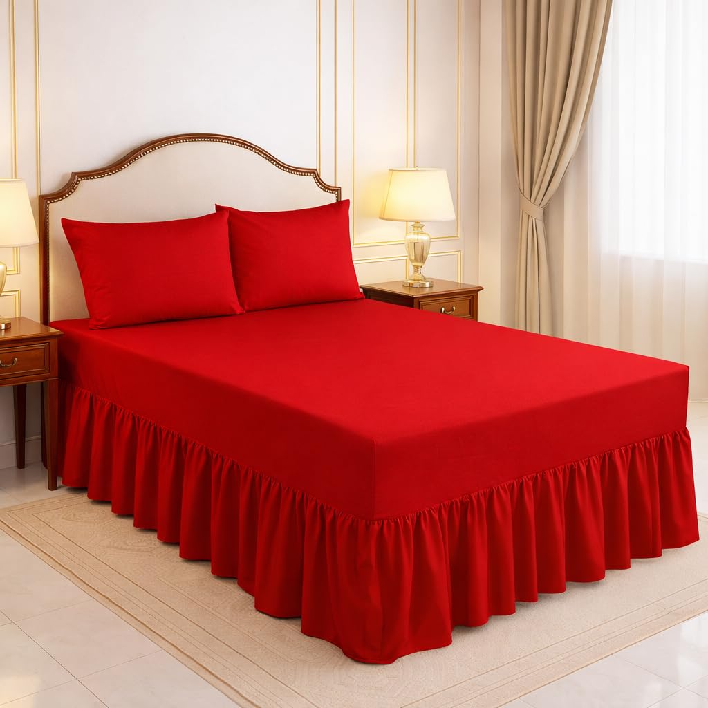 Arlinens Red Frilled Valance Sheets For Single Bed Extra Deep Plain Dyed Polycotton Sheet (,90 X 190 + 39 Cm)