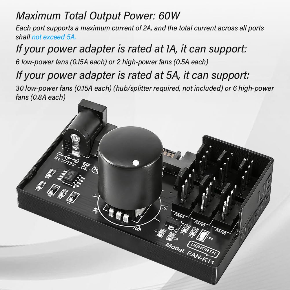 PWM Binghe PWM wentylator z 1 do 6 4-pinowym 12 V i kablem, koncentrator adaptera wentylatora PC z zasilaniem przez SATA i DC 5525, regulator prędkości wentylatora, kontroler obsługuje 6 wentylatorów