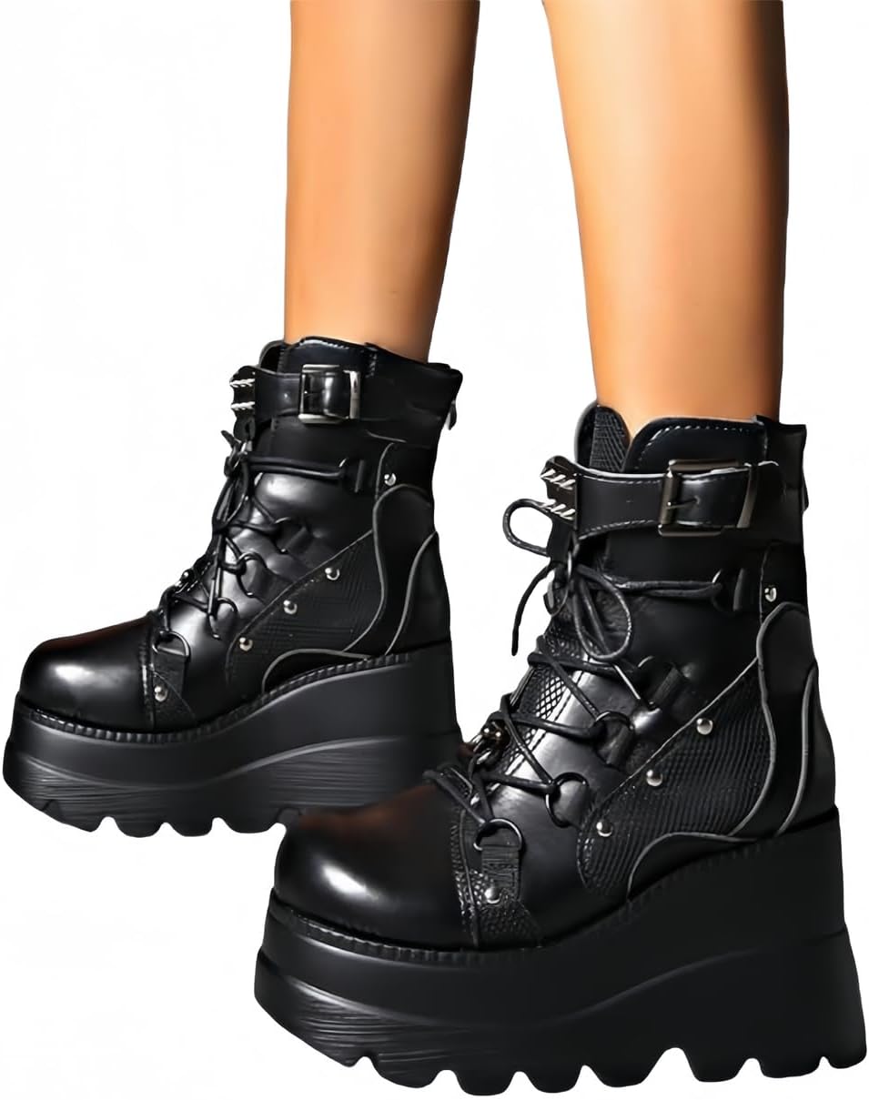 Womens Goth Platform Boots Chunky High Heel Booties Round Toe Combat Ankle Boots Womens Lace Up Motorcycle Wedges Shoes - Image 5