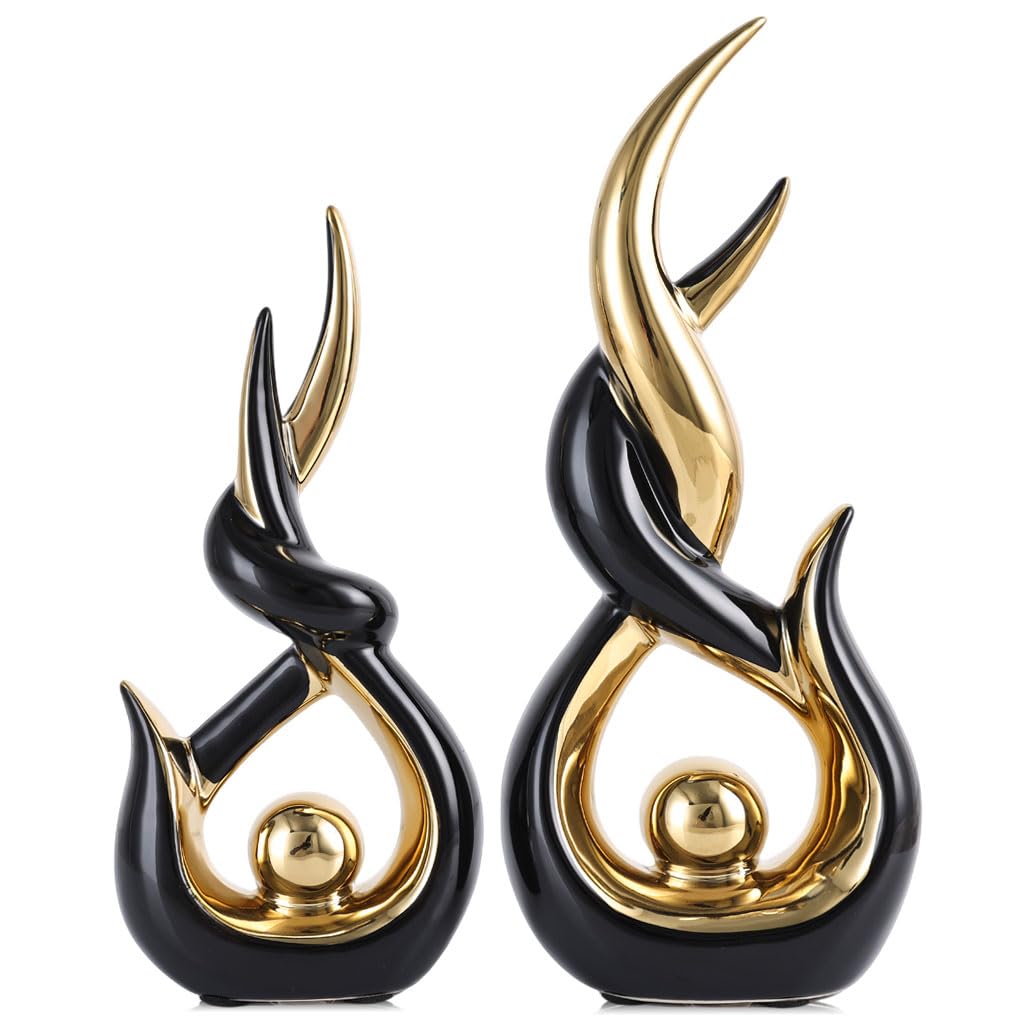 Set di 2 statue astratte in ceramica dorata, stile astratto, stile moderno, arte astratta, decorazione per la casa, mensola da caminetto su mensola unica, divisorio per mobile TV, tavolo e tavolo da