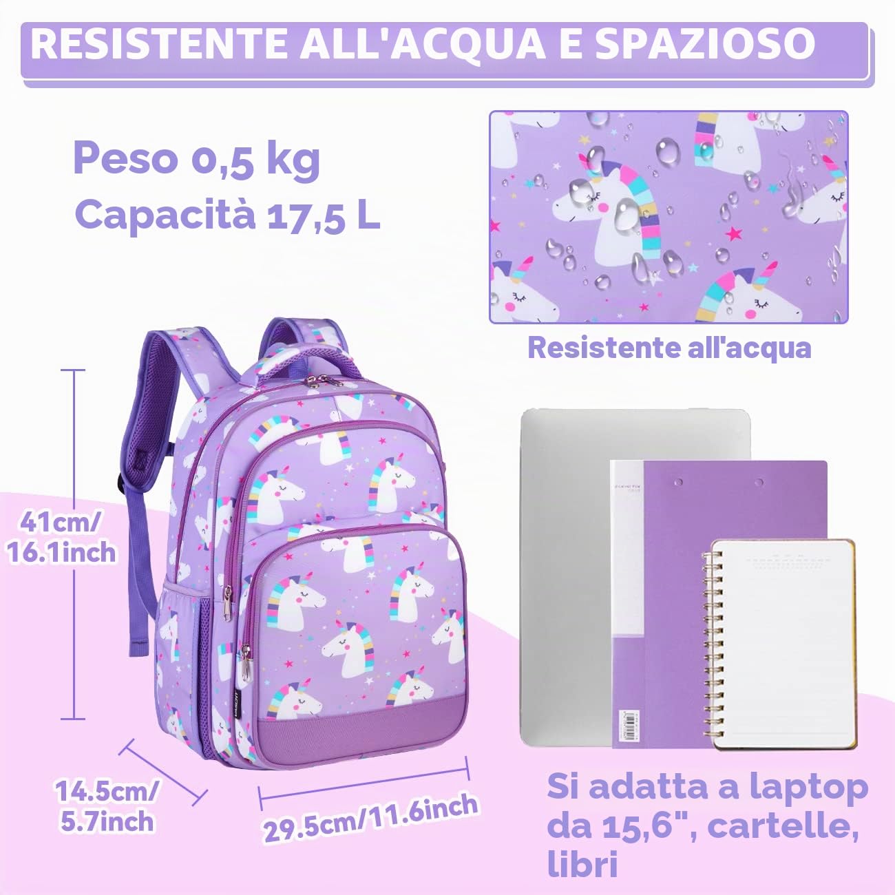 VASCHY Zaino per bambina, zaino unicorno e ragazza, zaino per scuola, per bambine 6-10 anni, zaino per bambini, impermeabile, con scomparto per tablet, per scuola, viaggi, unicorno