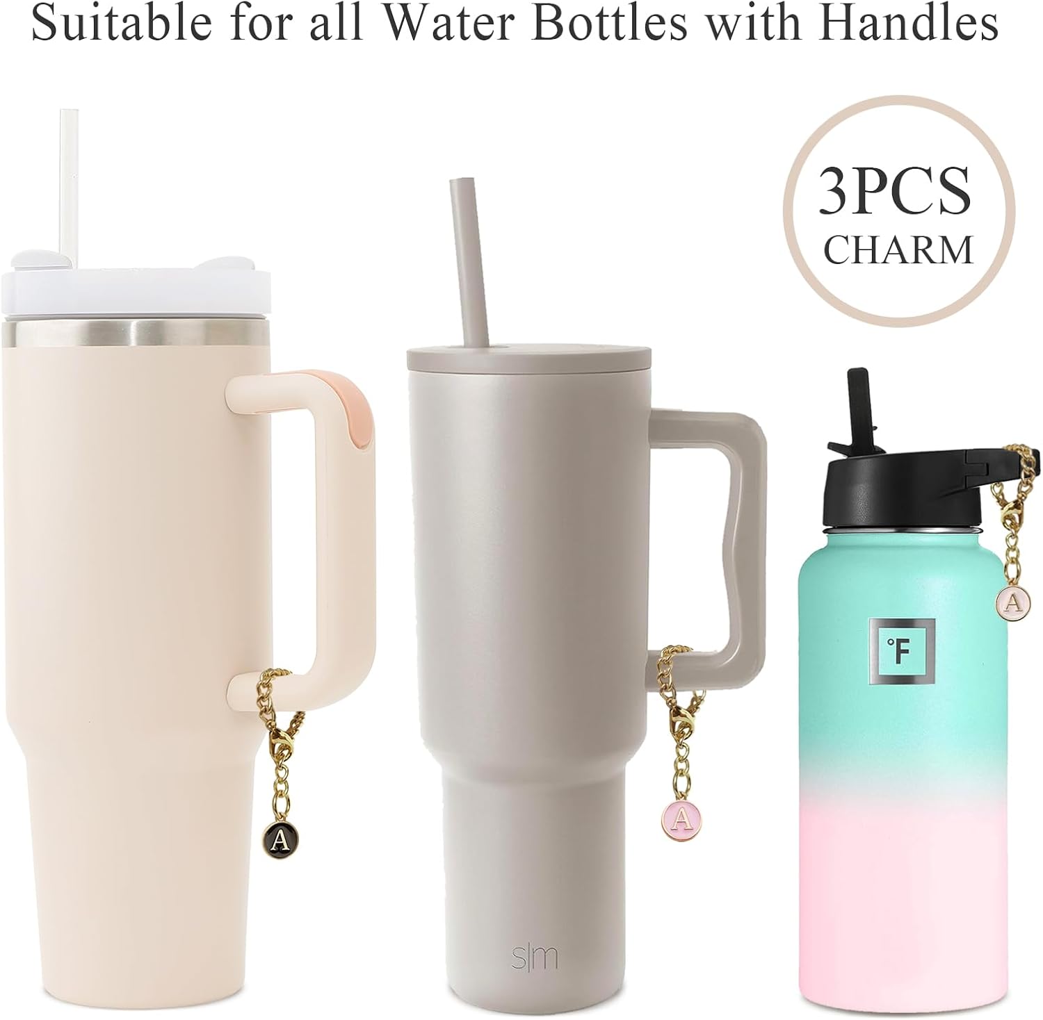 Letter Charm Accessories for Stanley Cup, 3Pcs Initial Chain Water Bottle Handle Name Id Charm for Tumbler Cups-B - Image 2