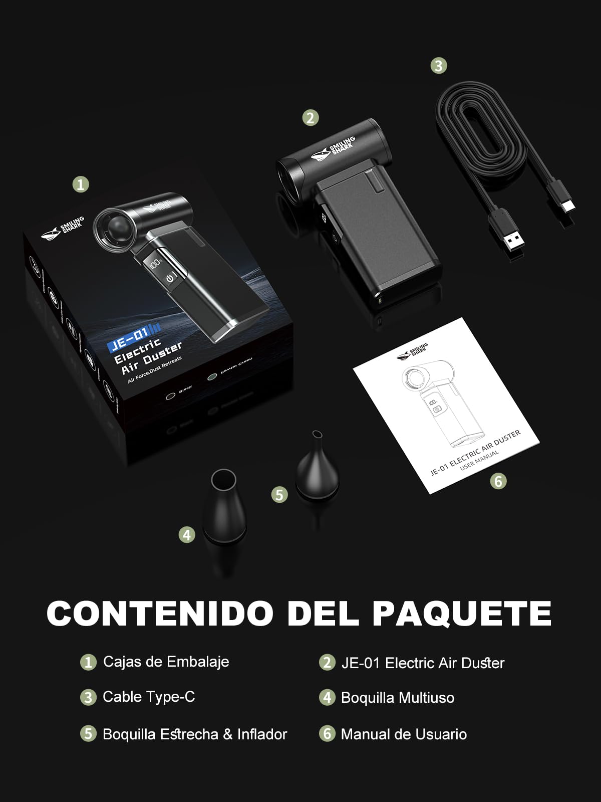 Smiling Shark JE-01 Soplador de Polvo Eléctrico, Soplador Aire Comprimido con Motor Sin Escobillas Cuerpo Duradero de Aluminio & Pantalla LED, 4-Gear Ajustable Air Duster para PC/Teclados/Campfires