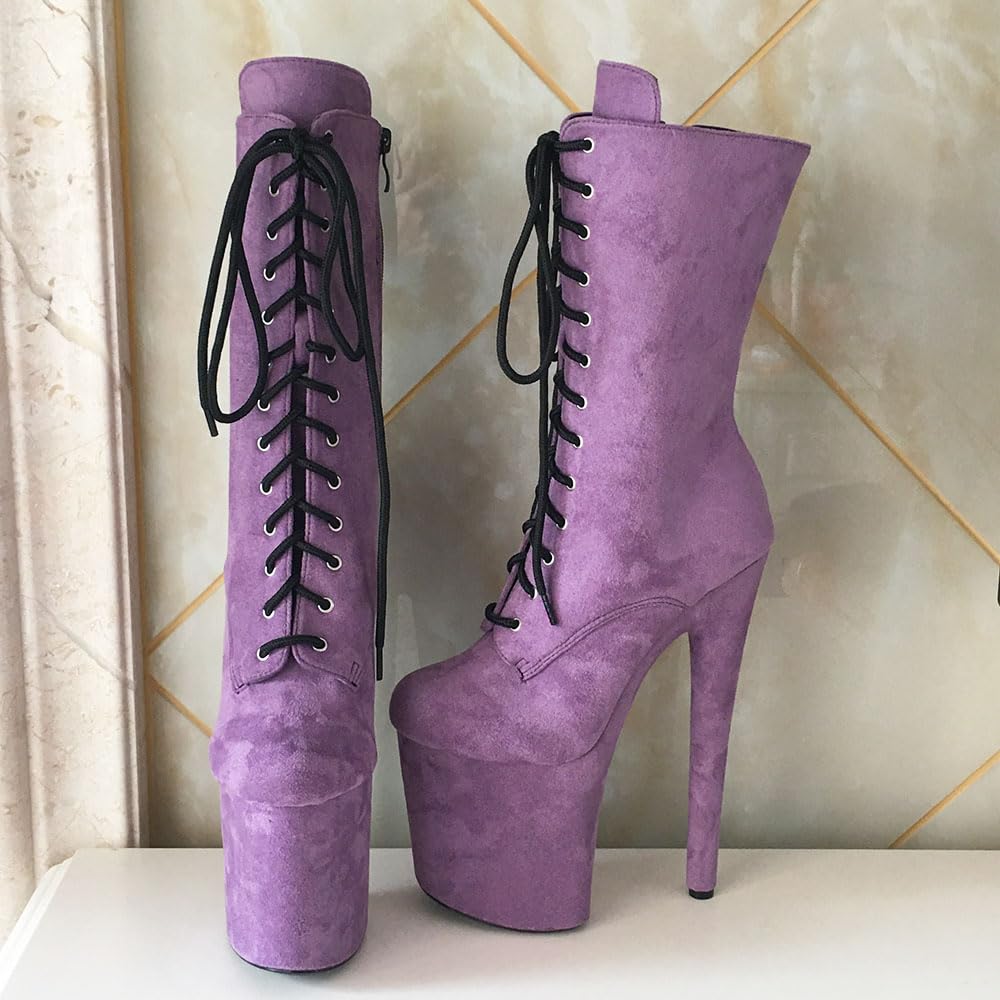 denova's Damskie buty na wysokim obcasie sznurowane duży rozmiar platforma striptizerka taniec na rurze buty do połowy łydki z zamkiem błyskawicznym, Fioletowy zamsz, 35.5 EU
