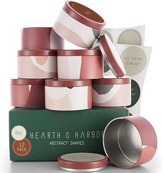 Hearth & Harbor Tin Candle Jars for Making Candles - DIY Candle Containers with Lids - Metal Candle Jars - Bulk Tins Storage for Candle - 12 Pieces - 8 Ounces - Abstract Shapes