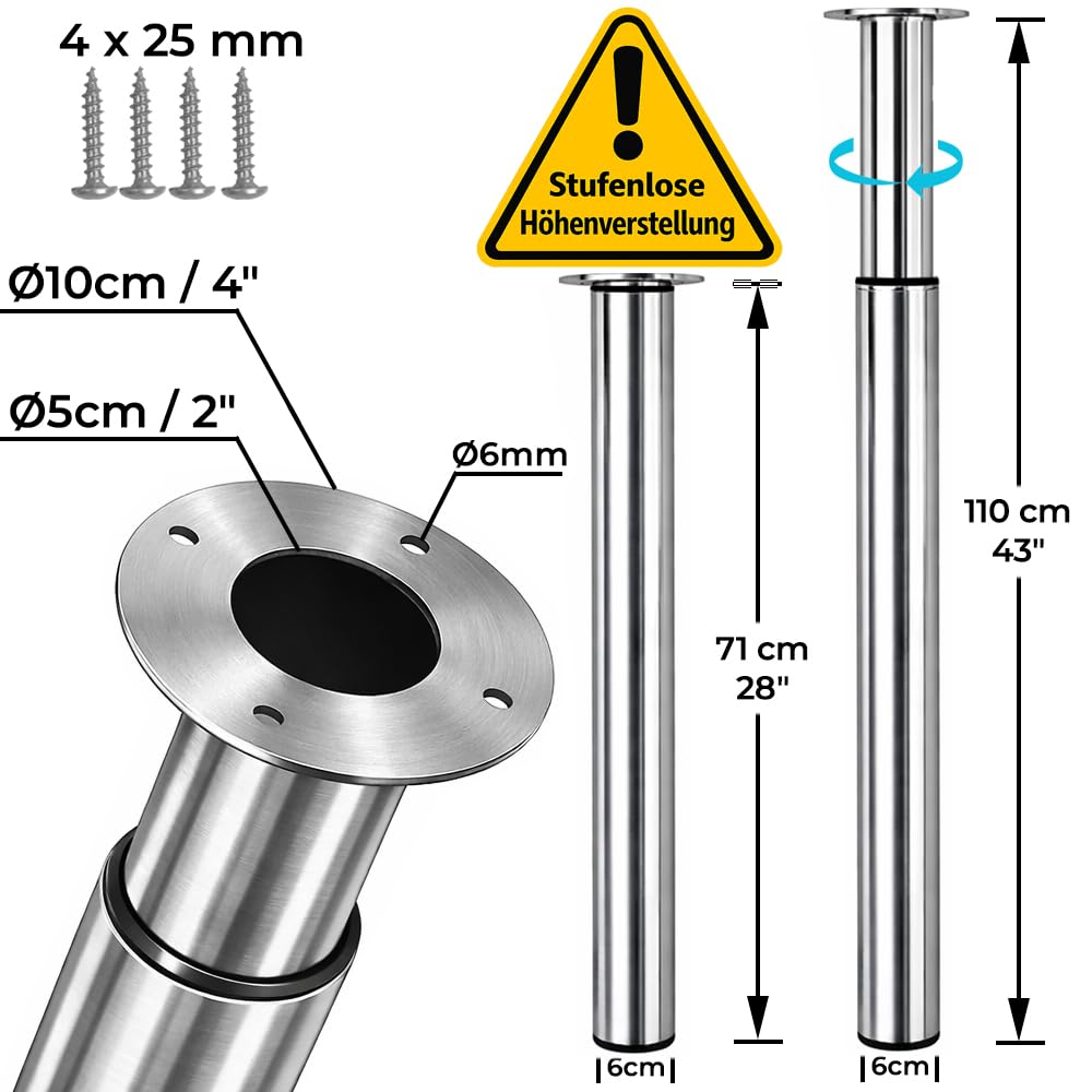Stahlia höhenverstellbare Tischbeine 70–110 cm, Ø60 mm, stufenlos verstellbar 2er Set aus Metall – SCHWARZ MATT,Tischfüße für Esstisch & Schreibtisch Schrauben & Bodenschutz