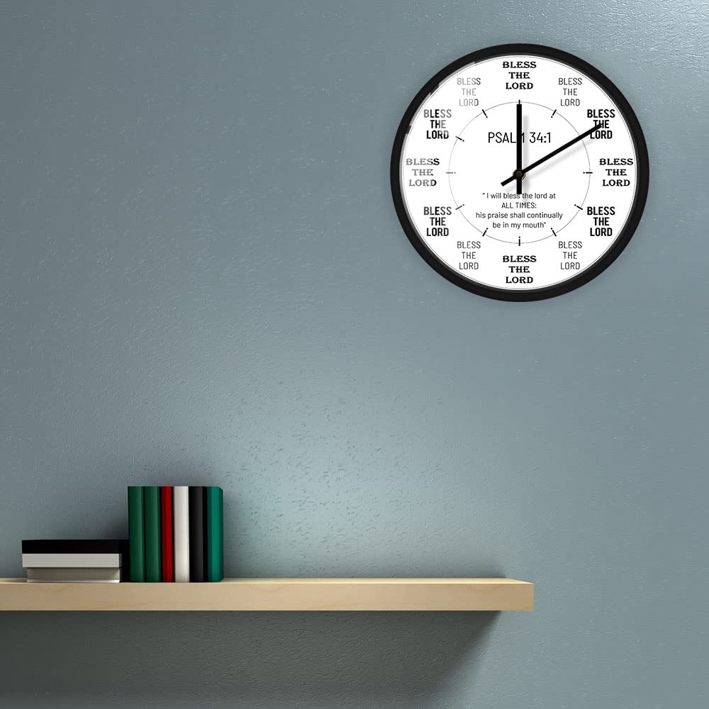 Reloj de pared de metal Salmo 34:2 de 30.5 cm, con versículo bíblico, cita de meditación, cuarzo silencioso, sin tictac, funciona con pilas, para regalos cristianos, dormitorio, sala de