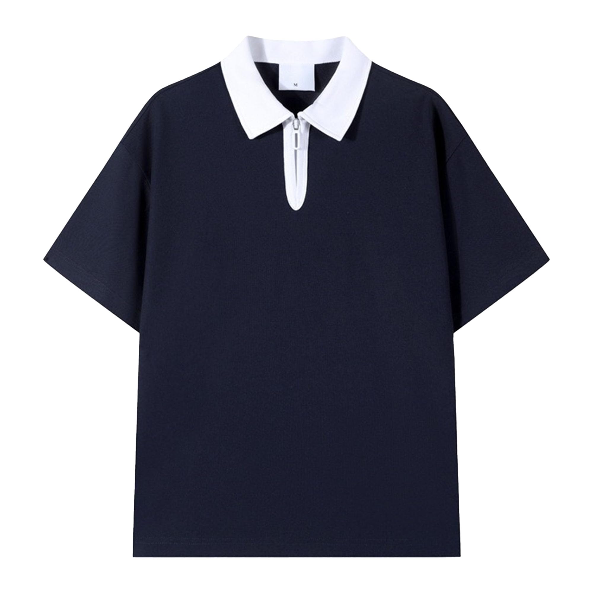 Men Loose Contrast Paul Collar Shirts Quarter Zipper Lapel Cotton Couple Shirt Summer Cute Date Simple Pullover Top (Navy Blue,3X-Large)