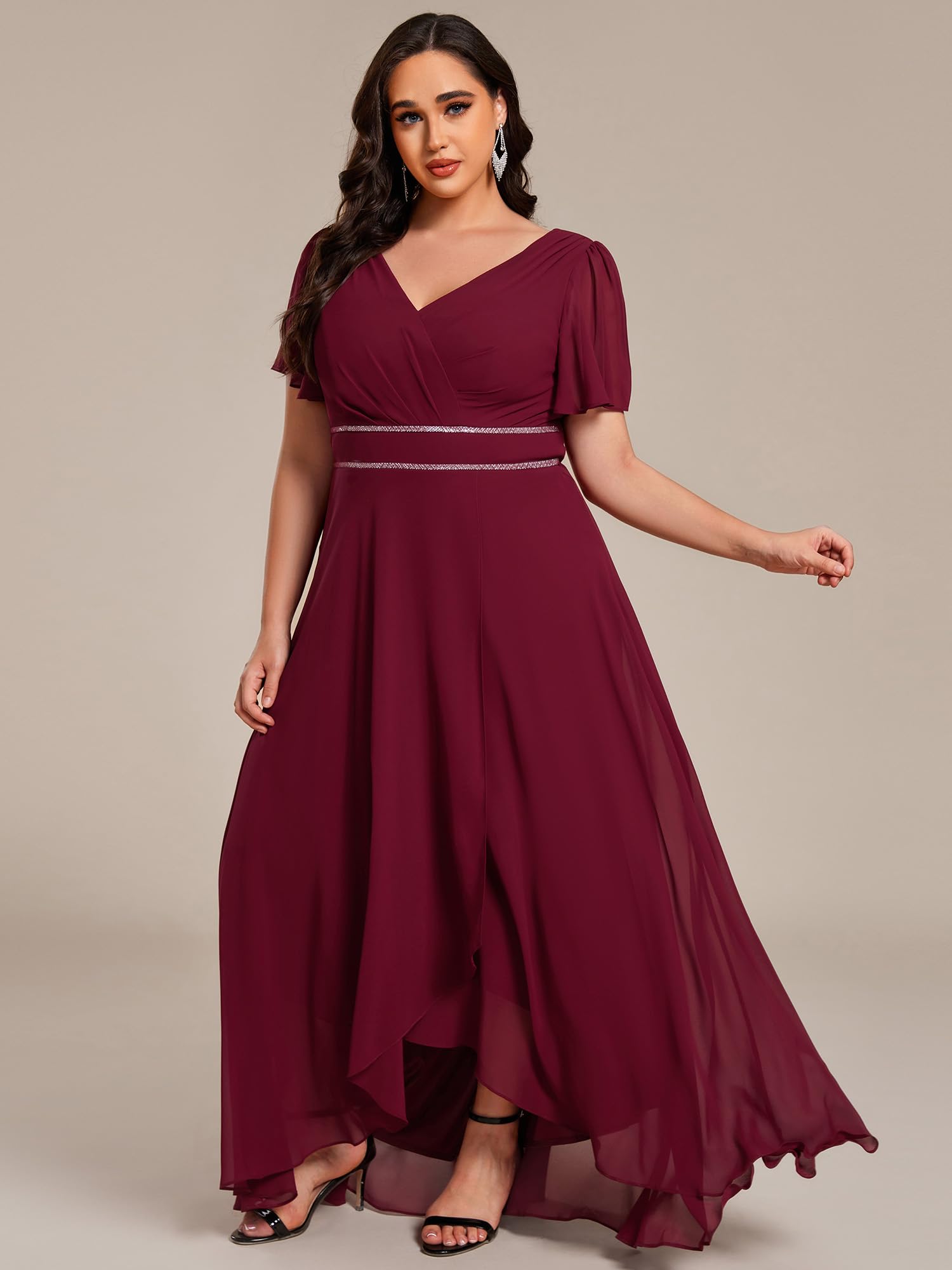 Ever-Pretty Plus Abito da sera formale da donna con scollo a V in chiffon con perline pieghettate maniche corte lunghezza tè plus size abiti da sera formali 41981-, Borgogna, 52