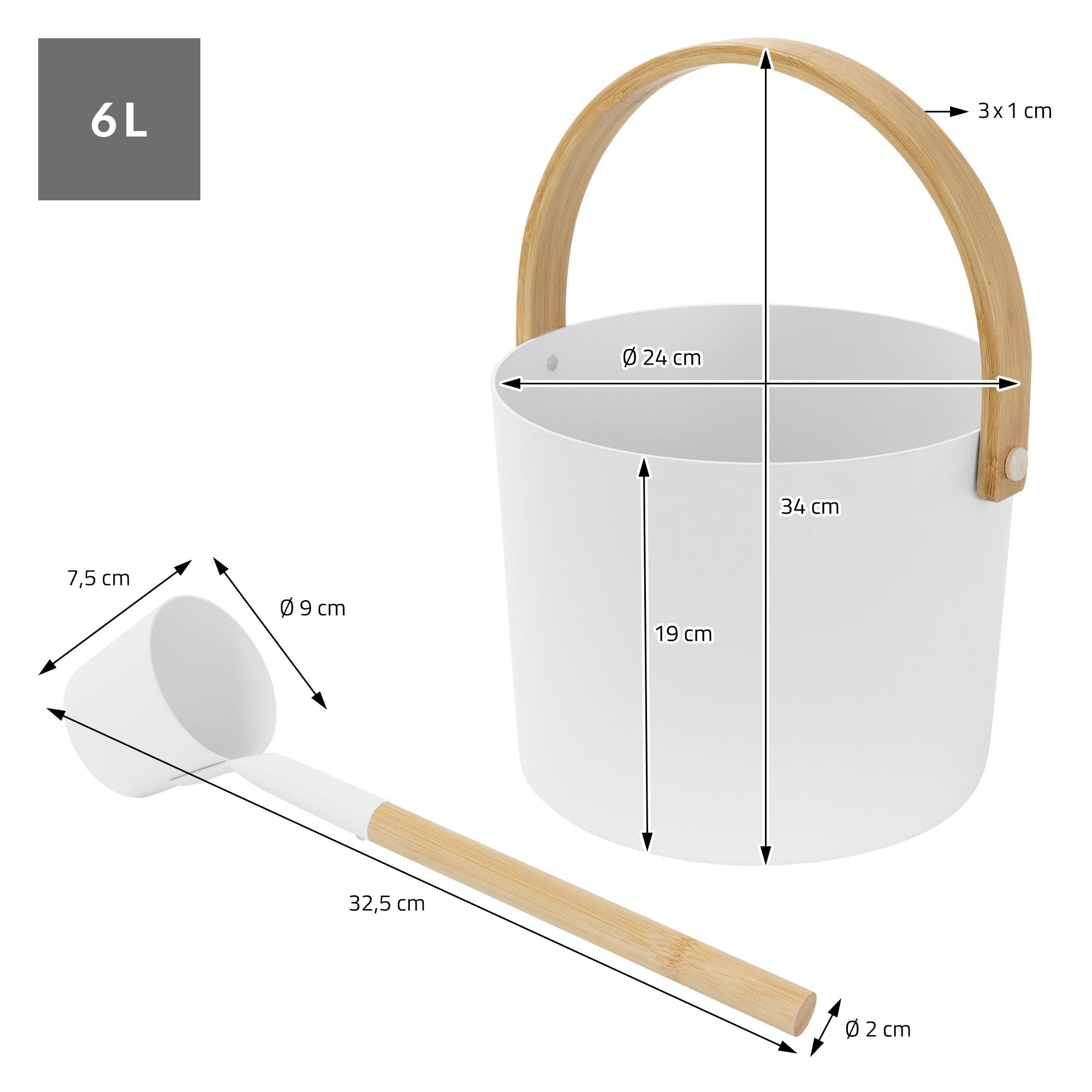 LuxeBath Saunazubehör-Set aus Aluminium & Bambus, Weiß, 2-TLG Sauna Set, Aufgusskübel mit klappbarem Griff & Schöpfkelle, Metall Saunaeimer 6L mit Schöpflöffel, Langlebiges Sauna Wassereimer Zubehör