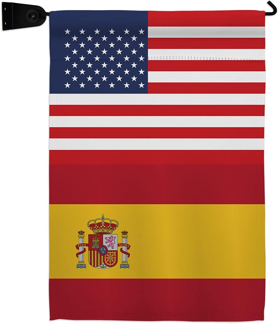 Spain US Friendship Garden Flag Set with Stand Regional USA American Alliance World Country Particular Area Small Decorative Gift Yard House Banner Made In 13 X 18.5