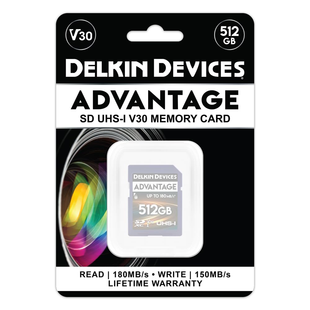 Delkin Devices Karta pamięci 512 GB Advantage SDXC UHS-I – zapis do 150 MB/s, odczyt 180 MB/s, karty pamięci do aparatów z C10, U3, V30, 4K UHD, pełnowymiarowa karta SD