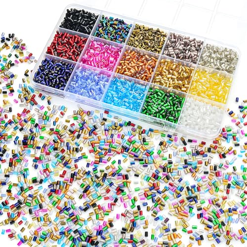 Laopottbeads 4500Pcs Glass Bugle Beads 2.24mm Large Hole 1.3mm Tube Beads for Jewelry Making 15 Colors Long Spacer Beads for Embroidery Bracelets & DIY Crafts with 15-Grid Storage Box