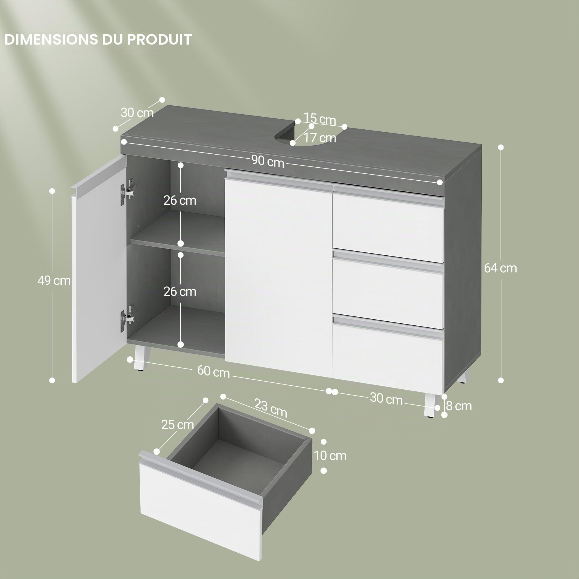 Hzuaneri Meuble sous Lavabo, Meuble sous Vasque, Salle de Bain, 30x90x64cm | 2 portes, 3 tiroirs, Rangement Spacieux, Autoportan, Gris Ciment et Blanc Nuage, BC29929X