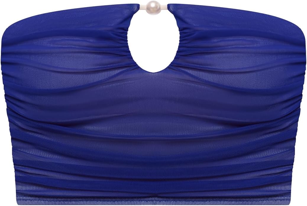 Steve Madden Women's Keyhole Strapless Swim Tube Top with Pearl Trim
