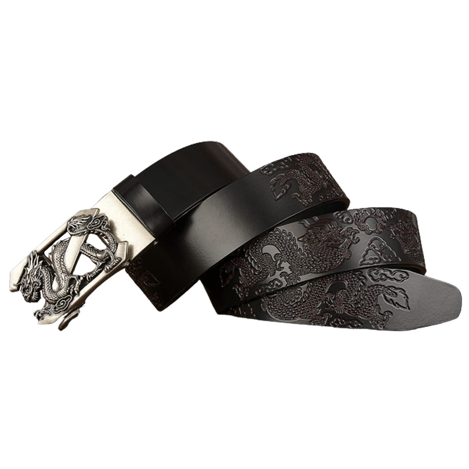 Vestido para hombre Jeans Cinturón Trinquete Automático Dragón deslizante Hebilla plateada Cuero en relieve Correas de cintura negras 1 3/8 "(35 mm)