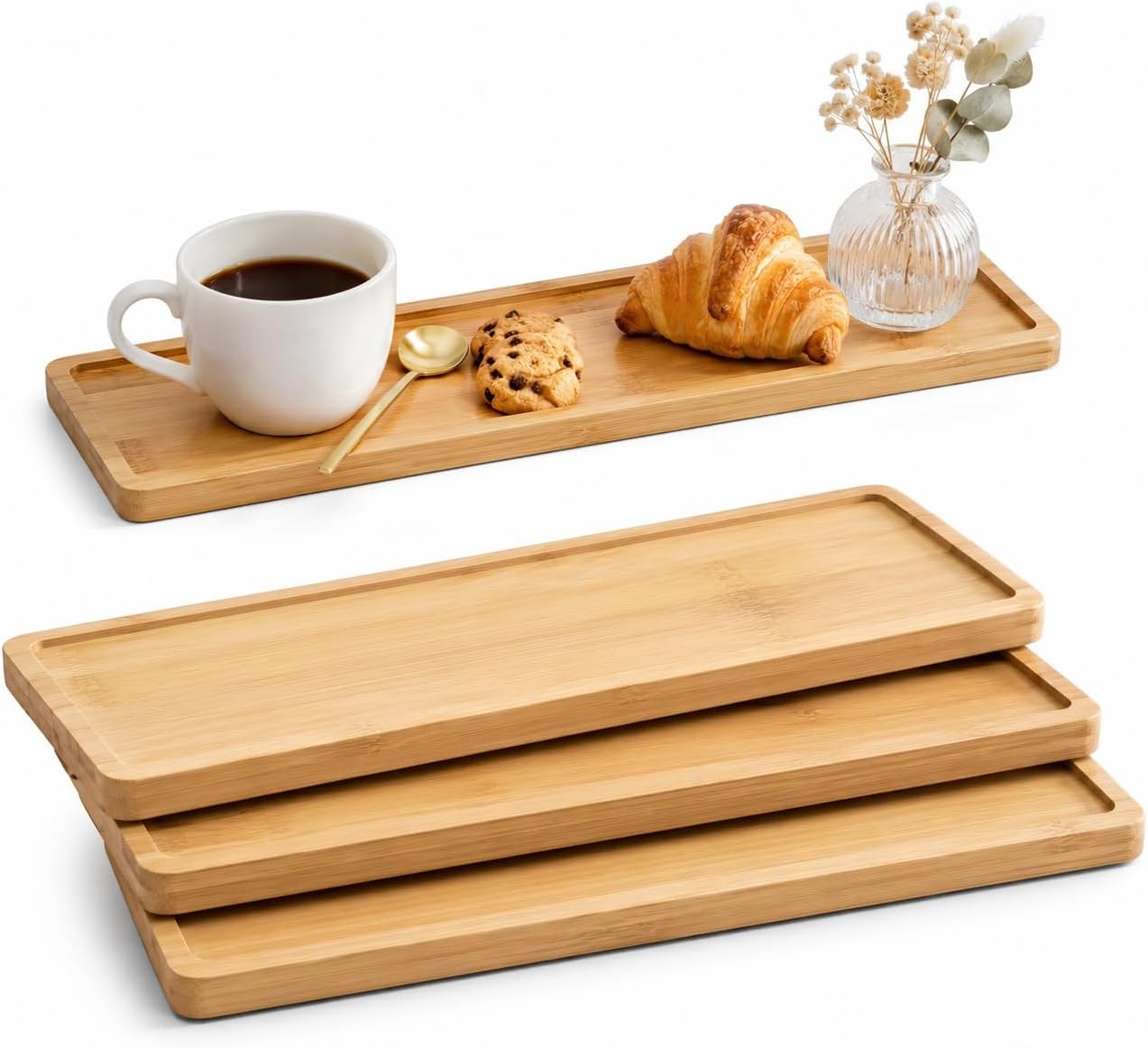 3 PCS Bamboo Vanity Tray, 11 x 4 Inch Bamboo Serving Tray Set with Raised Rim, Small Wood Organizer Trays for Coffee, Snacks, Dessert, Bathroom Vanity, Kitchen Counter, Desk Decor -Rectangular
