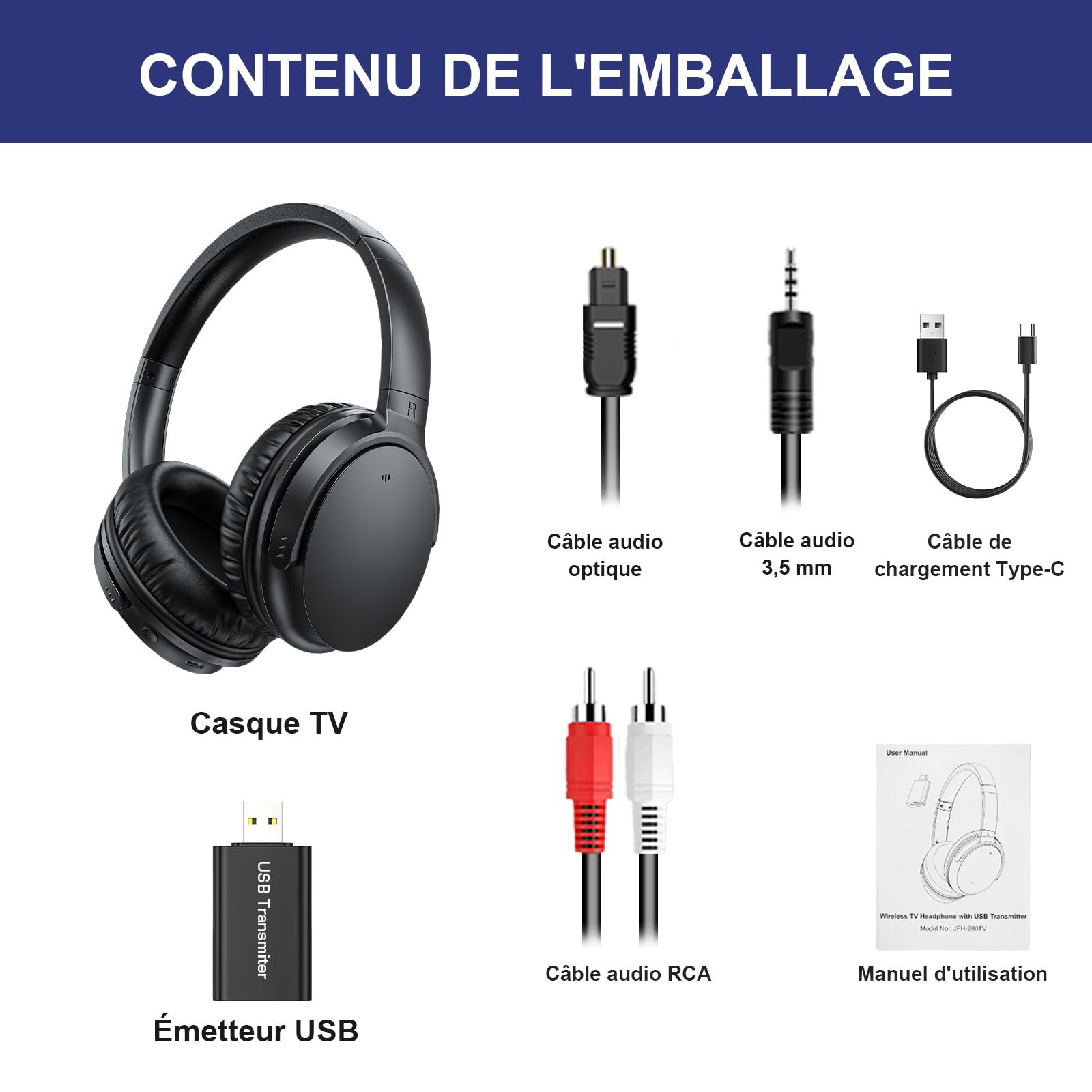 Casque TV Sans Fil pour Personnes Âgées, AptX Faible Latence, Un Bouton Casque Over-Ear avec Émetteur USB (Optique/RCA/AUX/USB), Plus Fort & Plus Clair pour Malentendants, 20H d'Autonomie, Plug & Play
