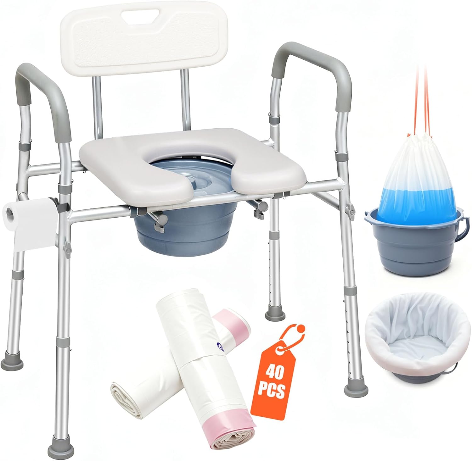 3 in 1 Bedside Commode,Commode Toilet with Padded Seat and Backrest,Includes 40 Liners and 6.5QT Foldable Bucket,Adjustable Height & Width,Fits Most Body Sizes,Potty Chair for Adults and Seniors