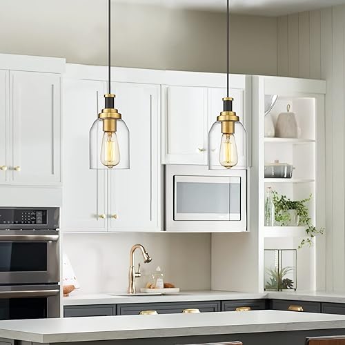 Miniatura 4 de zeyu ZG33M1L-2 BK+BG - Luces colgantes modernas para cocina con pantalla de cristal transparente, acabado negro y dorado, paquete de 2